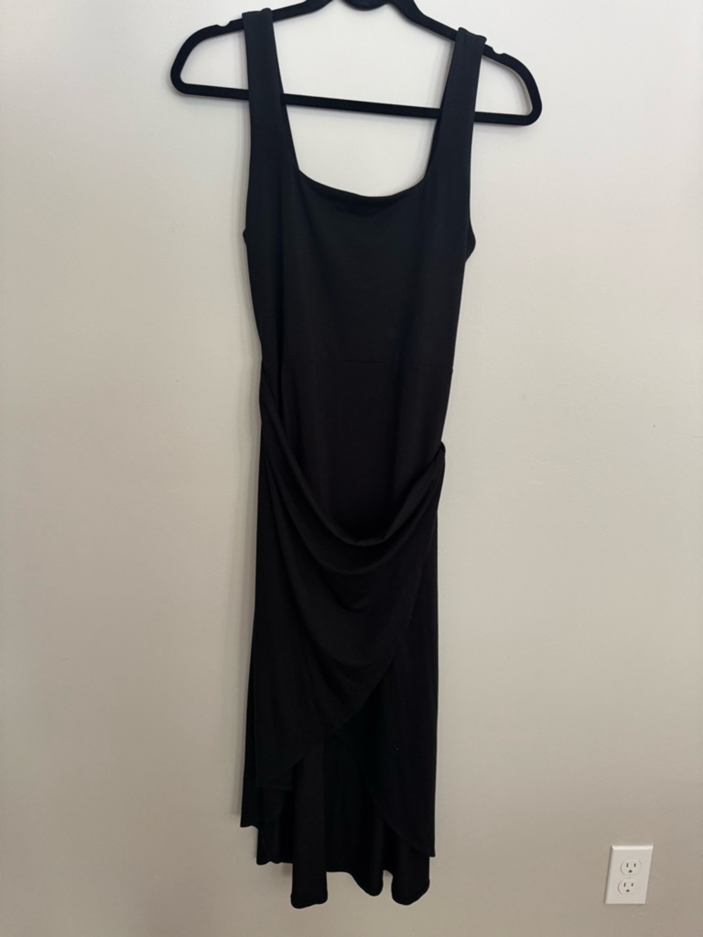 Quince Black Midi Dress with Draped Skirt